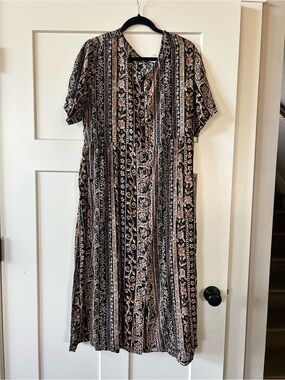Vintage 90s Y2K Boho Black Floral Stripe Midi Dress